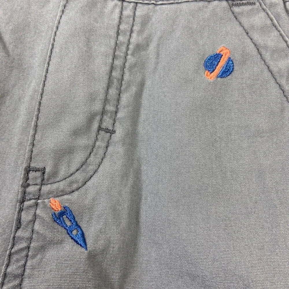 OshKosh B'gosh Boys Size 2T Gray Rocket Ship Planet Embroidered‎ Denim Overalls